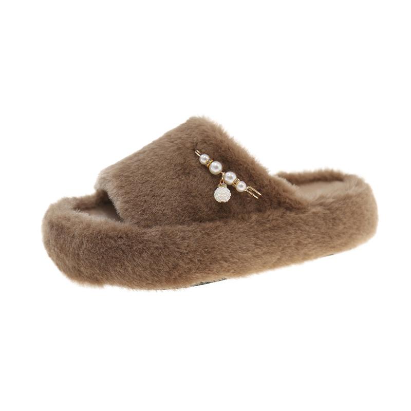 Fashion Aphixta Luxury Pearl Plush Furry Slipper Black Concise Women Indoor Bedroom Slippers Flat Heel Hair Slippers Round Toe Footwear