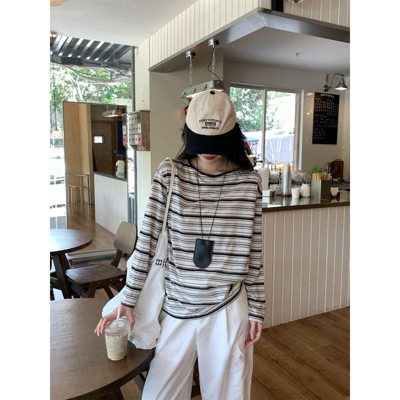 Kumikumi Retro Back Hollow Lace-up Long sleeves Shirt Women clothes Autumn Casual Loose Stripe Inner wear Top