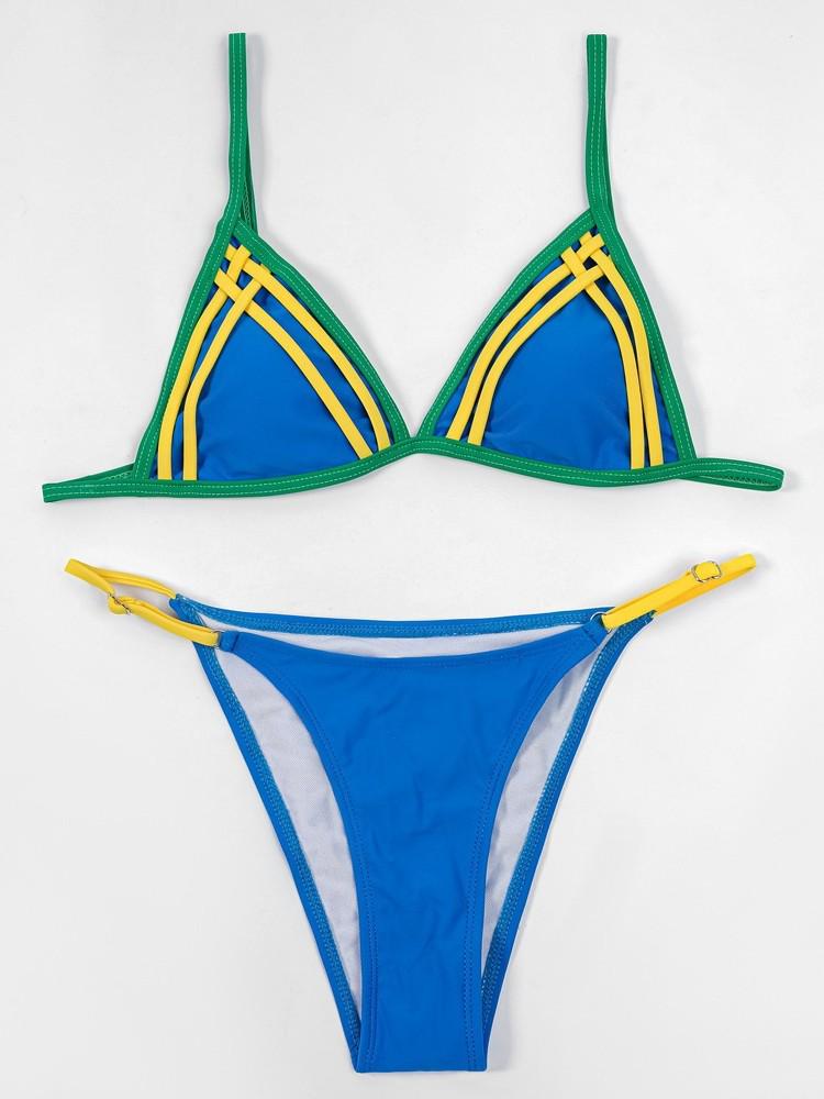 

Yi Yong 2024 Цветной Блок Низкая Талия Открытая Спина Бикини - Европейский и Американский Стиль Женский Купальник Small синий