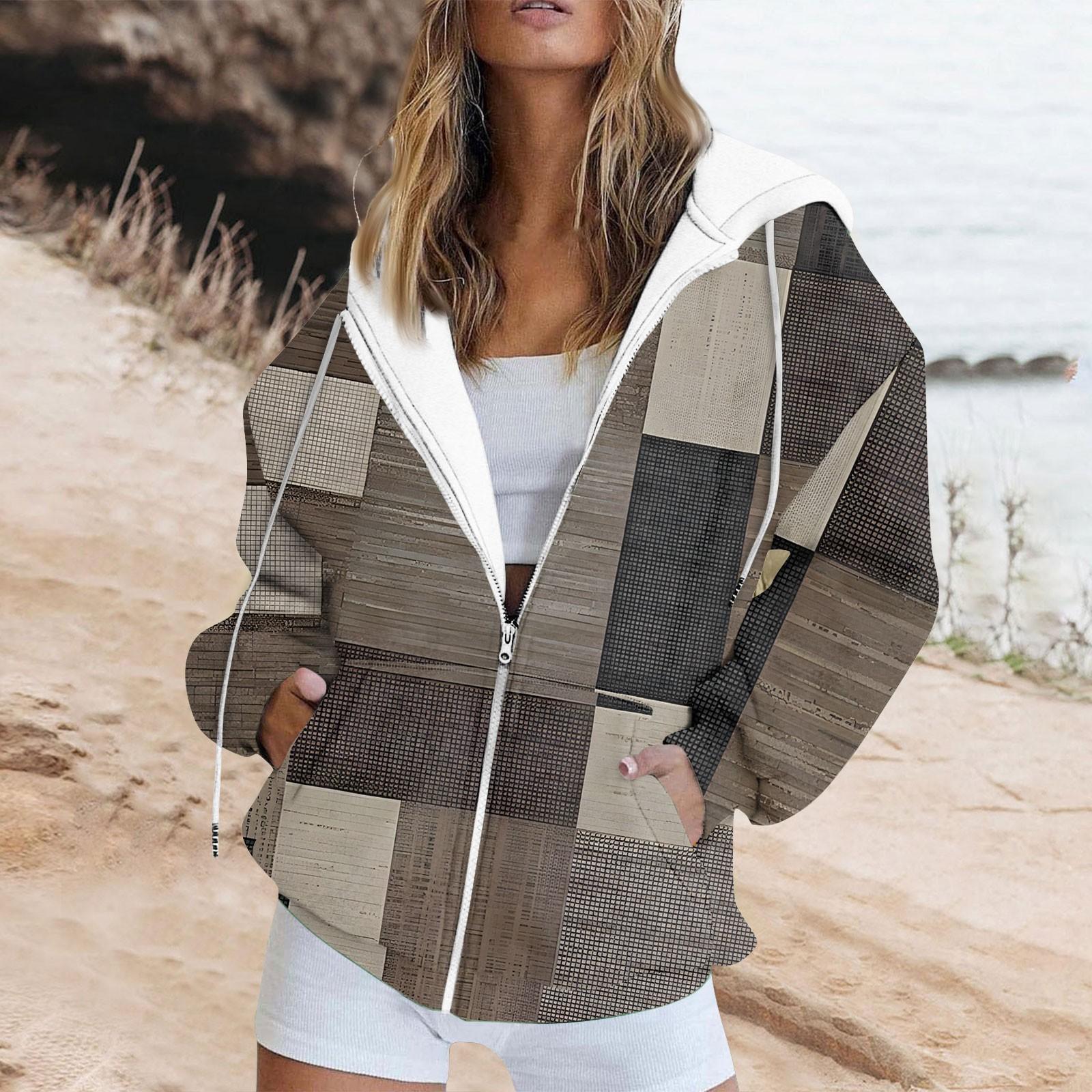 

Женская толстовка с длинным рукавом и геометрическим принтом в стиле пэчворк, с карманом на молнии и капюшоном XXL коричневый