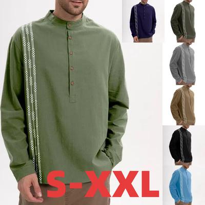 Men's Fall Winter Henley Shirt Long Sleeve Printed Cotton Linen Top Plus Size