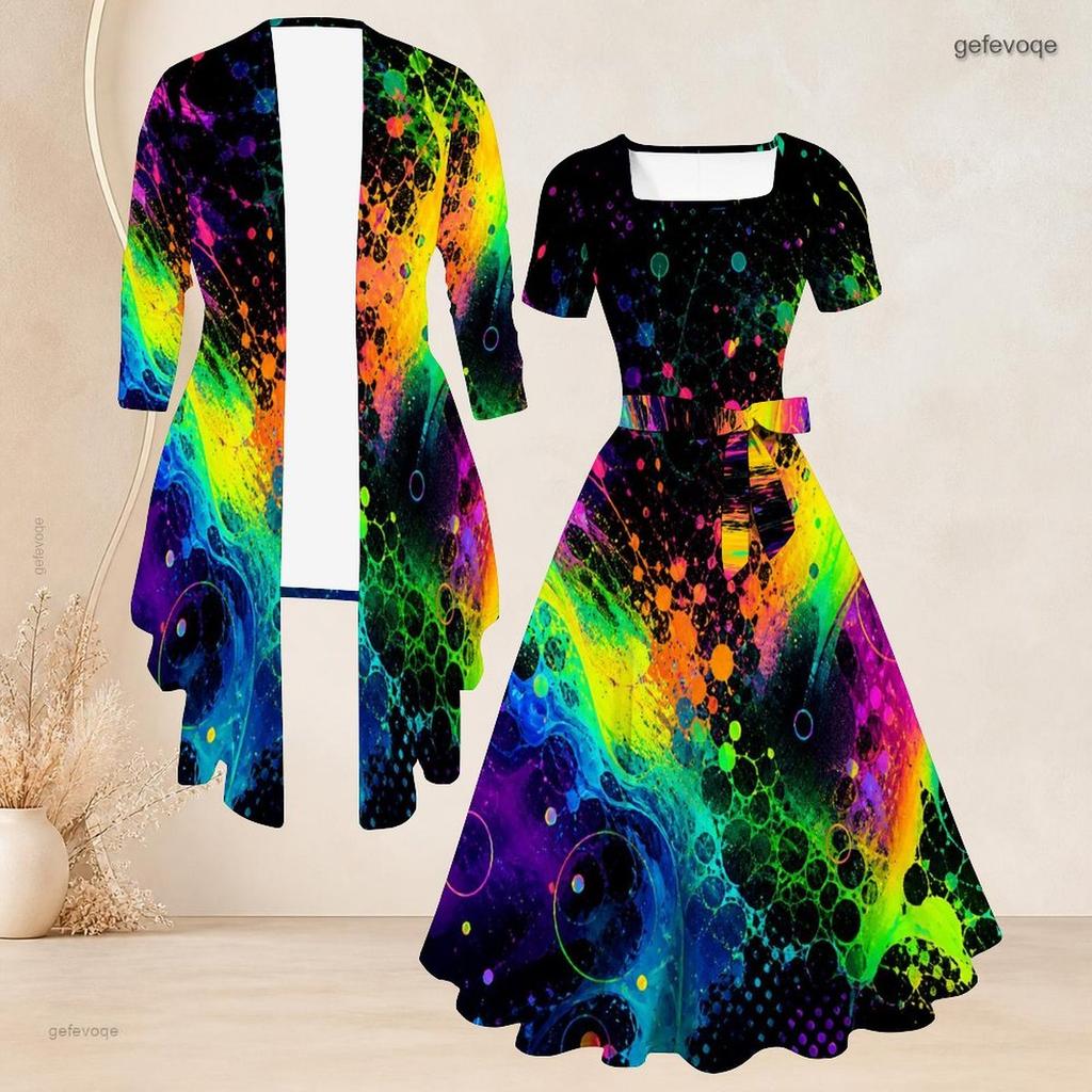 Women Plus Size Two Piece Set Square Neck Short Sleeve Tie Waist Flared Dress 3 4 Sleeve Colorful Printed Cardigan