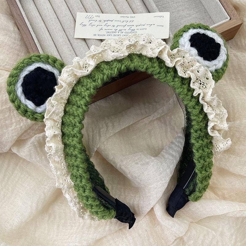 

Chic Cartoon Frog Headband Women s Warm Knitted Hairband Hair Clip Non-slip Hairpin Sweet Head Adornment зелений