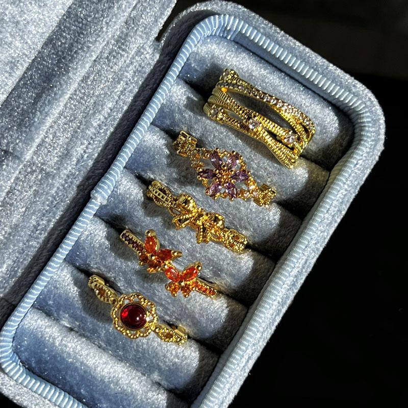 Retro Court Style Stacked Wearing Light Luxury Bow Open Ring Female Red Luan Golden Qi Flower Temperament Niche Index Finger Ring