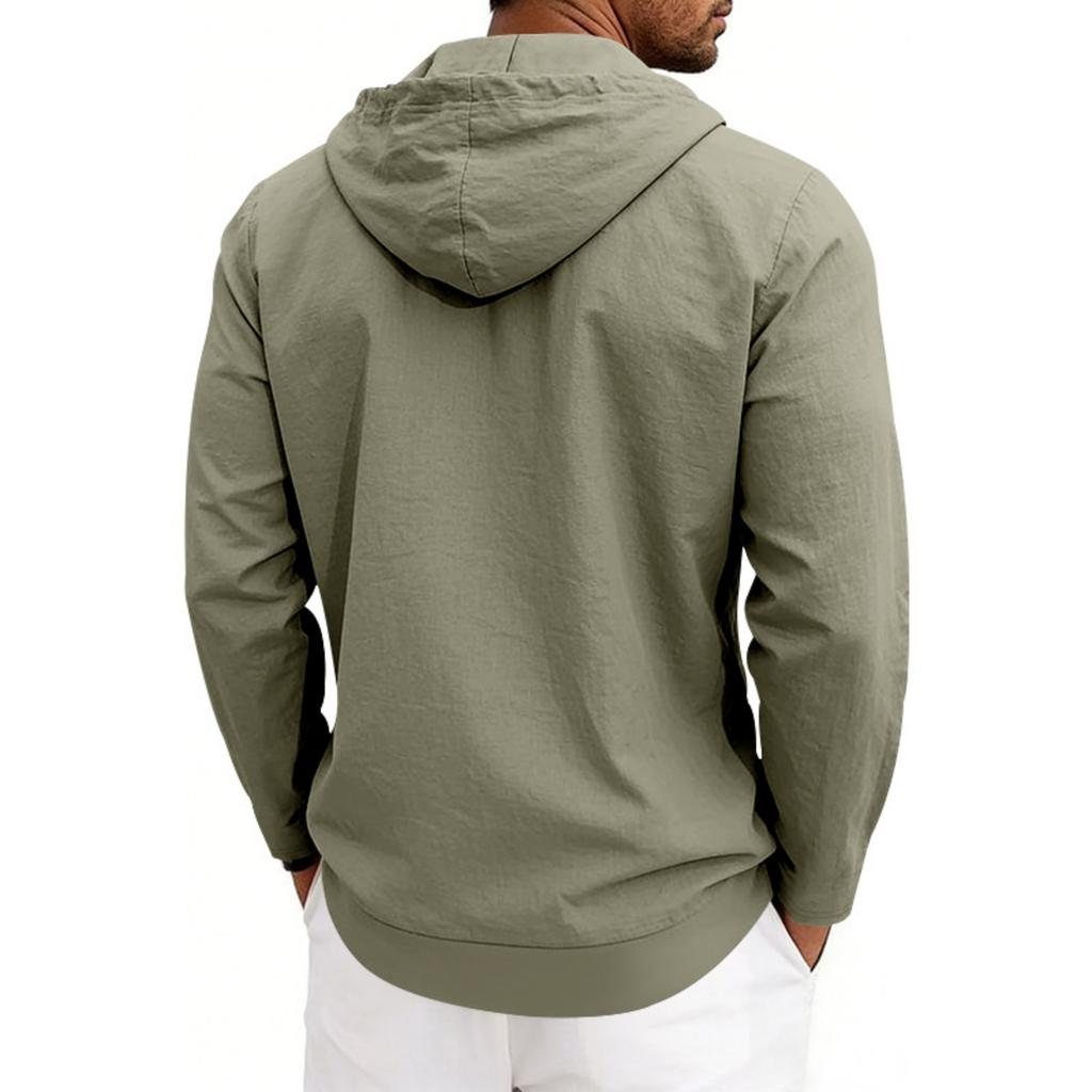 Men's Linen Casual Hooded Long Sleeve Cardigan Shirt for Beach Summer