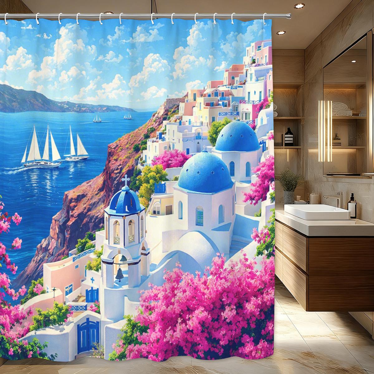

Scenic Coastal Themed Polyester Shower Curtain - 2D Printed Beach & Seaside Scene Bathroom Decorative Curtain W60H190(CM)-1 Pcs