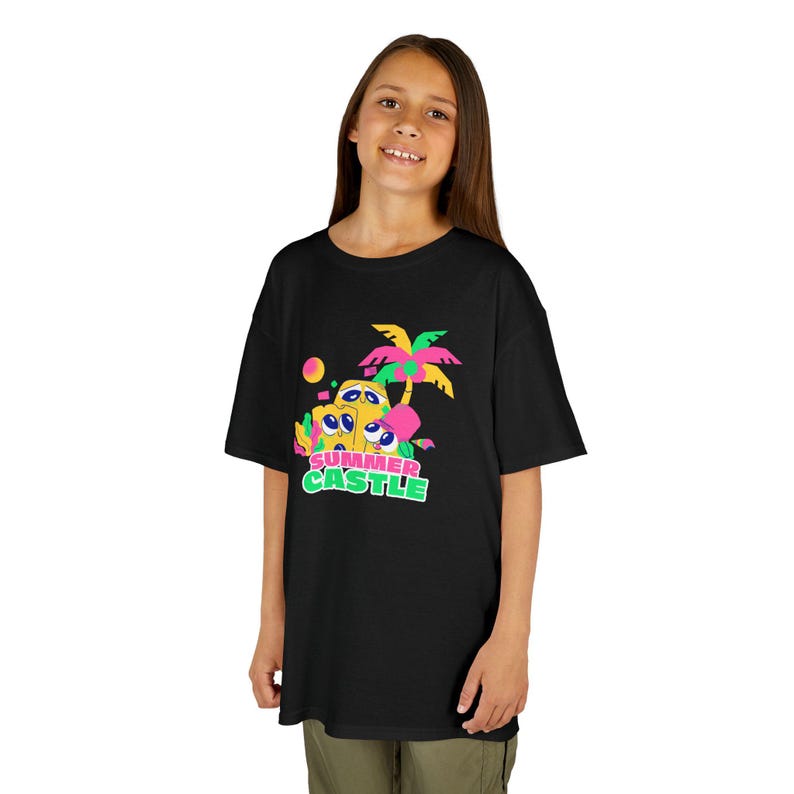 Summer Castle Retro Cartoon Beach Character Kids T-Shirt | Neon Palm Party 110