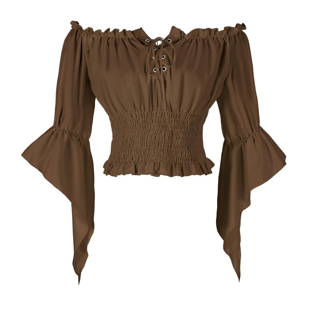 Women Vintage Off Shoulder Blouse Tie Front Mid Sleeve Casual Top Elastic Waist Ruffle Hem Shirt