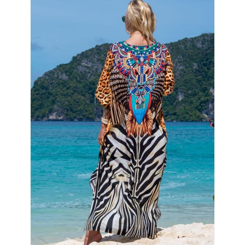 Damska Moda Lato Wiosna Panterka Rękawy 1/2 Dekolt V Luźna Talia Sukienki Casualowe