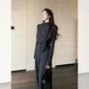 Retro Dark Gray Lace-Up Shirt & Wide-Leg Pants Suit for Mature Women - Spring 2026