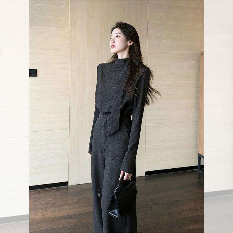Retro Dark Gray Lace-Up Shirt & Wide-Leg Pants Suit for Mature Women - Spring 2026