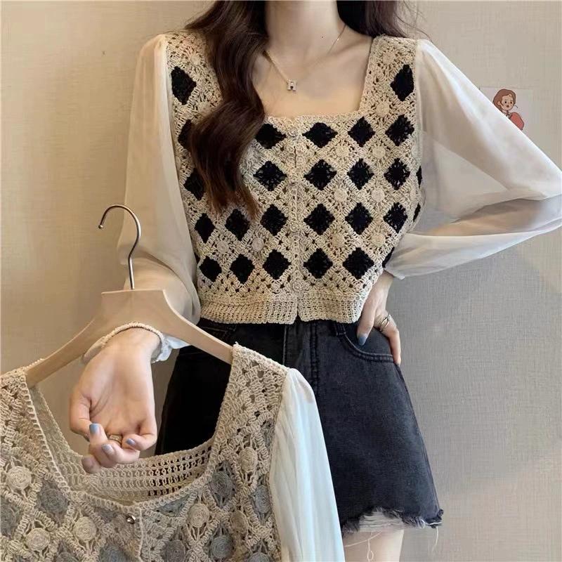 French Hollowed Out Spliced Chiffon Shirt with A Niche Retro Splicing Design, Short Square Collar and Stacked Sleeves, Women's Top