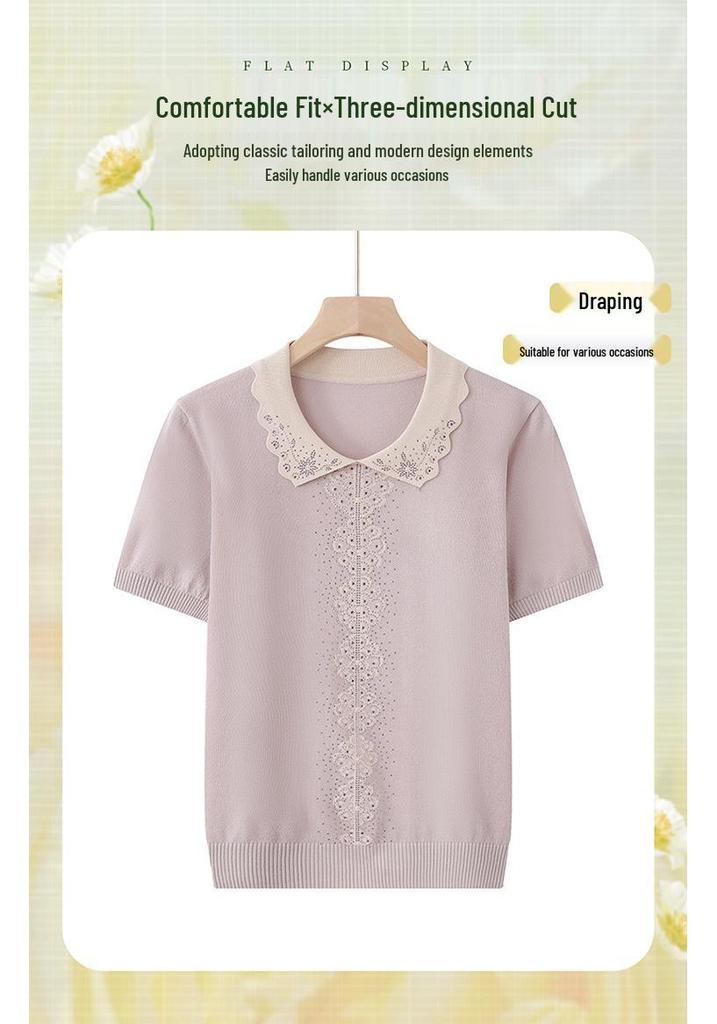 Mom's Ice Silk Knit Cardigan and Lapel T-shirt for Summer — Short Sleeve for Middle-Aged and Elderly Women