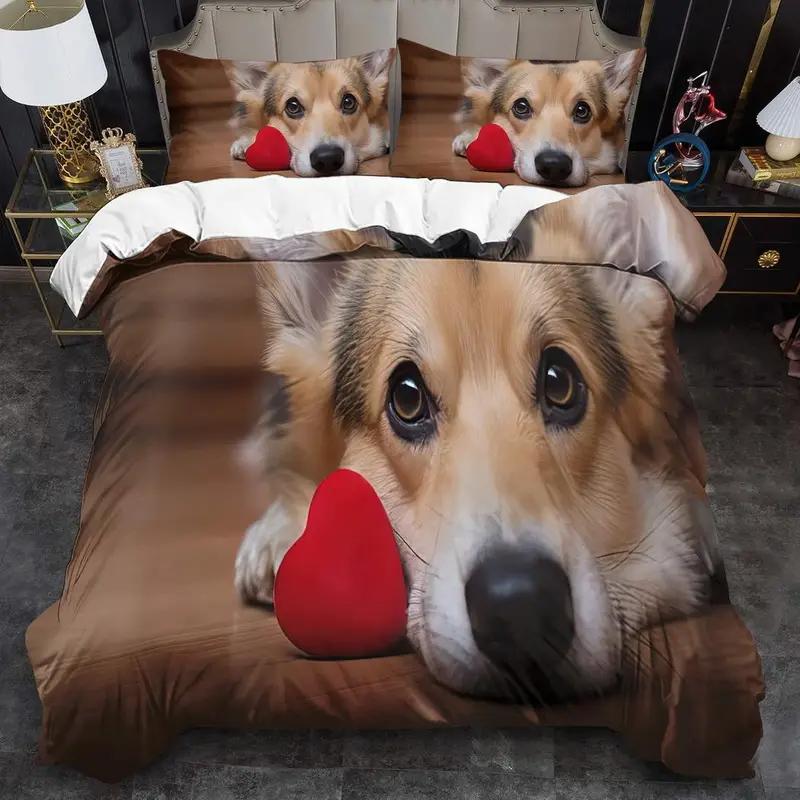 Dog-Themed Duvet Cover Set, Soft, And Breathable, Featuring Animal Print Bedding,Cute Dog Pattern Duvet Cover Set, Polyester