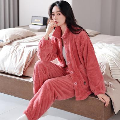 Pajamas Women'S Winter Fleece Thickened Coral Fleece Winter Flannel Autumn And Winter Loungewear Can Be Worn Outside Warm Suit