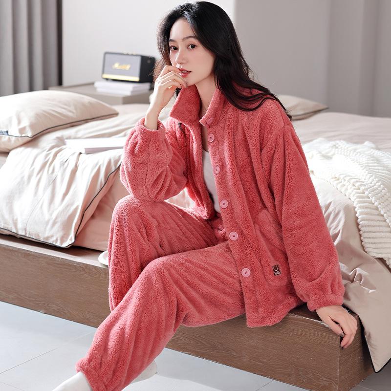 Pajamas Women'S Winter Coral Fleece Women'S Fleece Thickened Warm Autumn And Winter Women'S Flannel Loungewear Set