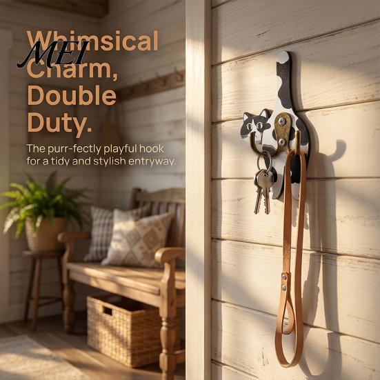 No Drill Wall Hook Cat Butt Wooden Hook, Double with Strong Adhesive Backing Corridor Organizer Durable Cat-Shaped Decorative for Keys Bags