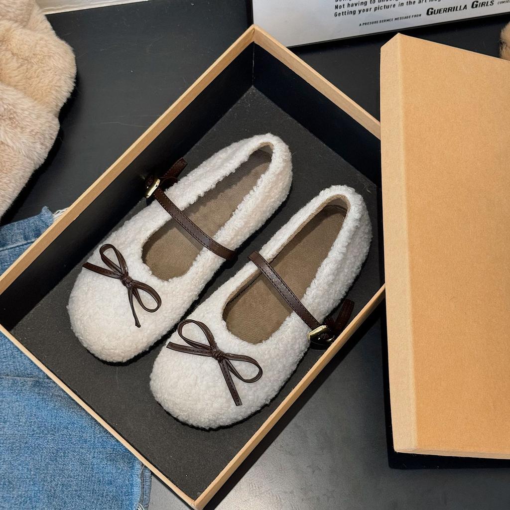 Winter New Flat-bottomed Velvet Warm Cotton Shoes Women's Fluffy Shoes Students Solid Color Cute Ladyshoes Doudou Shoes