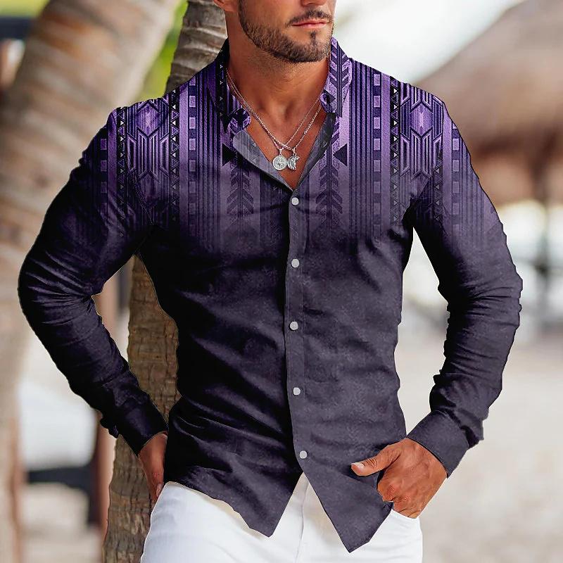 Moda Uomo Vintage Tribale Sportivo Festa Uomo Camicia Grafica Trasparente Collo a Revers Camicia Bottoni Casual Viola Blu Top