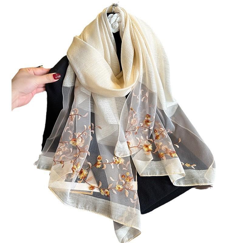 New Long silk wool scarf Shawls Wraps Women Floral Embroidery Foulard Headkerchief Pashmina Neck Poncho Scarves Hijab Bandana