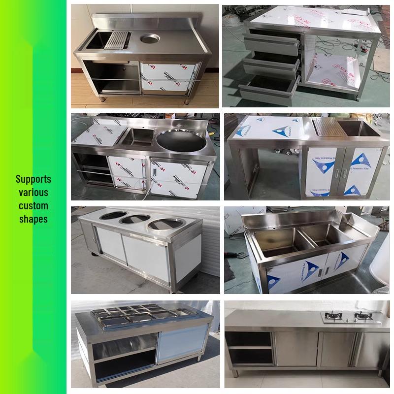 304 Stainless Steel Sliding Door Kitchen Workbench with Rounded Corner and Cutting Board Stove Table