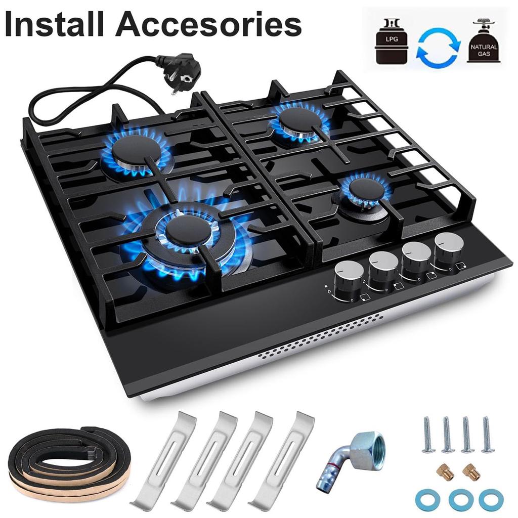 Gas Hob 4 Burners,60cm Black Glass Gas Hob,Built In Gas Cooktop with Cast Iron Supports,Gas Hob Cooker with Flame Out Protection
