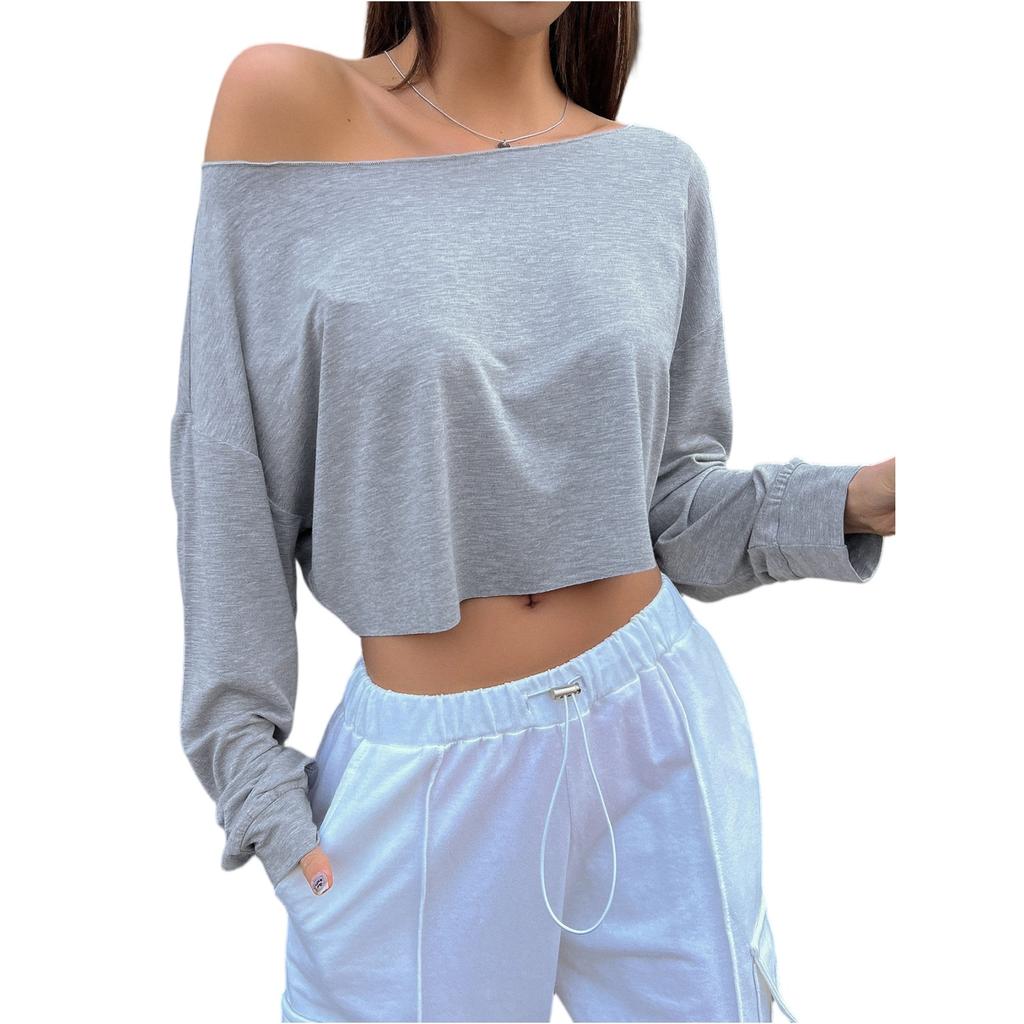 Damen Lässiges Mode Off-Shoulder Kurz Farbe Langärmeliges Oberteil