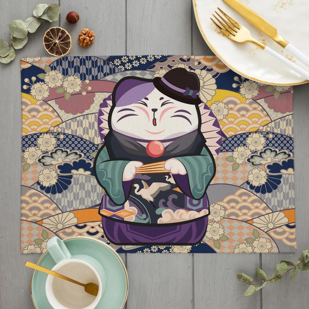 Unique Original Design Cute Plutus cat Placemat Japan Style Eat Udon noodles Table Mat Desktop Pad Cartoon cat Cup Coaster