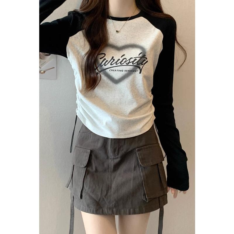 

Корейская футболка с круглым вырезом и длинными рукавами с цветными блоками, реглан, для женщин, весна и осень, новый стиль, завязывающийся на талии, короткий топ для горячих девушек, модный XL