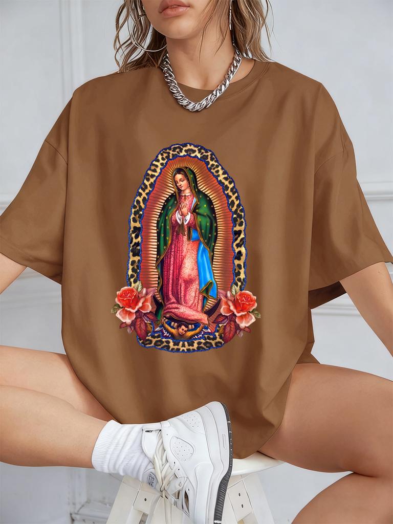 Our Lady Of Guadalupe Prints Short Sleeve T-Shirts Women Polyester Summer Tee Shirts Comfortable Soft O-Neck Tops Sporty Clothes