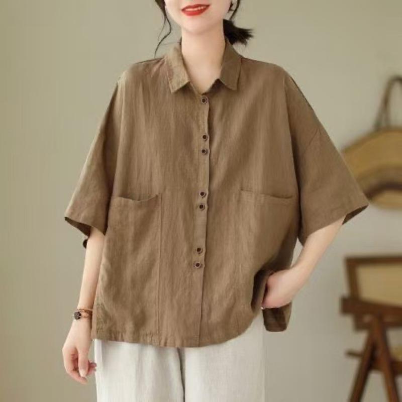 Womens Linen Cotton Button Up Blouse Casual Short Sleeve Pocket Shirt