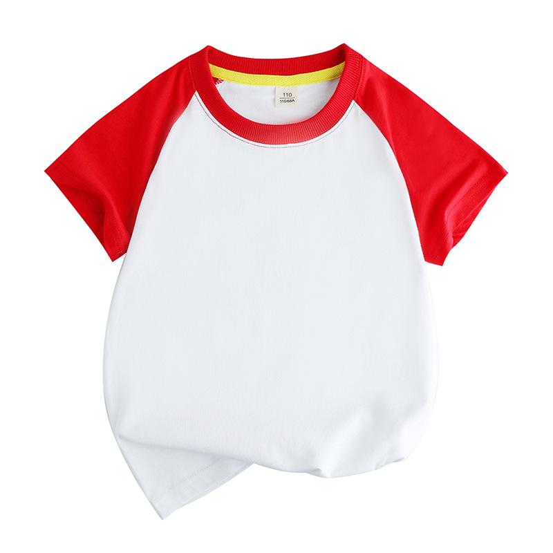 Summer Cotton Raglan Color Block Kids' Round Neck T-Shirt - Solid Color, Sweat-Absorbing, Short Sleeve Uniform