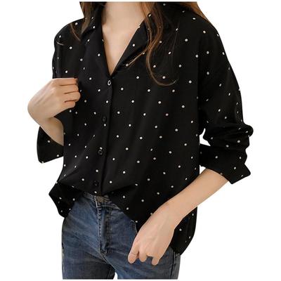 Women Casual Long Sleeve Polka Dot Turn-Down Collar Casual Tops Button Shirts