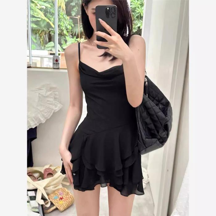 

Ballet purple suspender dress female summer sexy hottie waist thin ruffle cake skirt short skirt XL чорний