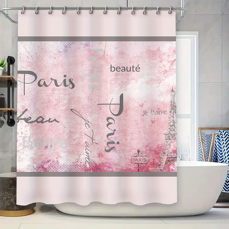 

Romantic Paris Theme Waterproof Shower Curtain, Pink Elegant Design, French Beaut Text Decoration, Bathroom Curtain W60H190(CM)-1 Pcs