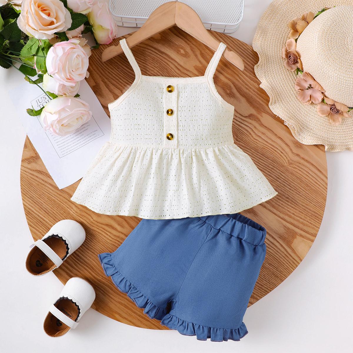 Baby Girl Daily Clothes Outfits Sleeveless Suspender Soft Hollow Top+Shorts 2pcs Summer Clothing Set for Toddlers Girl 0-3 Years 3-6M абрикосовый/синий