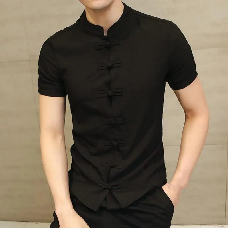Chinese Shirt Stand Collar Men Summer Shirt Short Sleeve Traditional Chinese Style Summer Shirt Knot Buttons Men Clothes