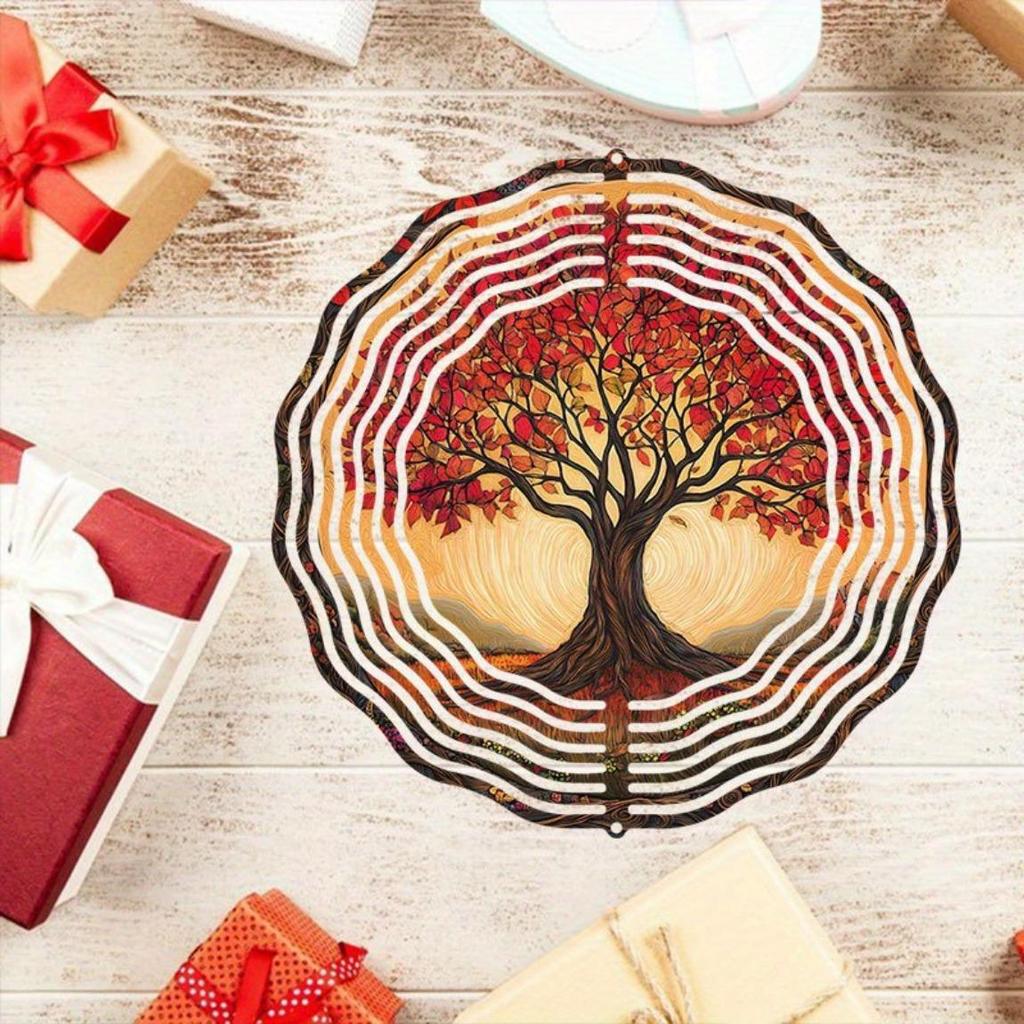 Beautiful Red Maple Tree Pattern Metal Hanging Wind Chime Outdoor Decorative Kinetic Garden Art for Halloween Christmas Thanksgiving Birthday