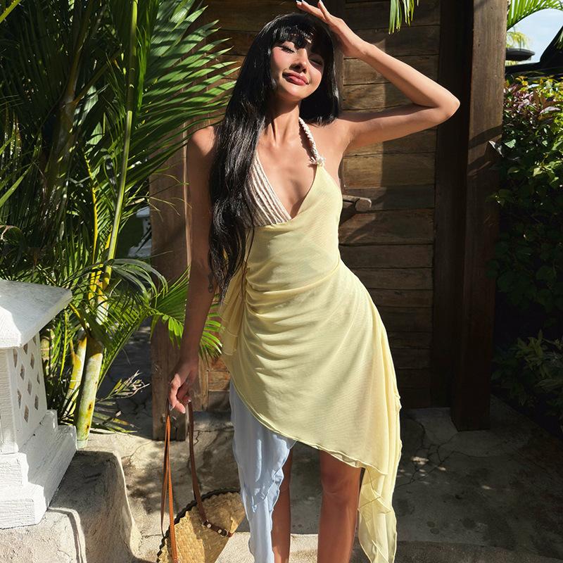European and American style women's clothing 2026 summer new fashion sexy hot girls irregular neck splicing dress women