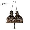 Handmade Retro Wood Craft Halloween Wooden Welcome Hanging Sign, Vintage Farmhouse Door Hanger with Skeleton Pumpkin Rustic Skull Wall Decor