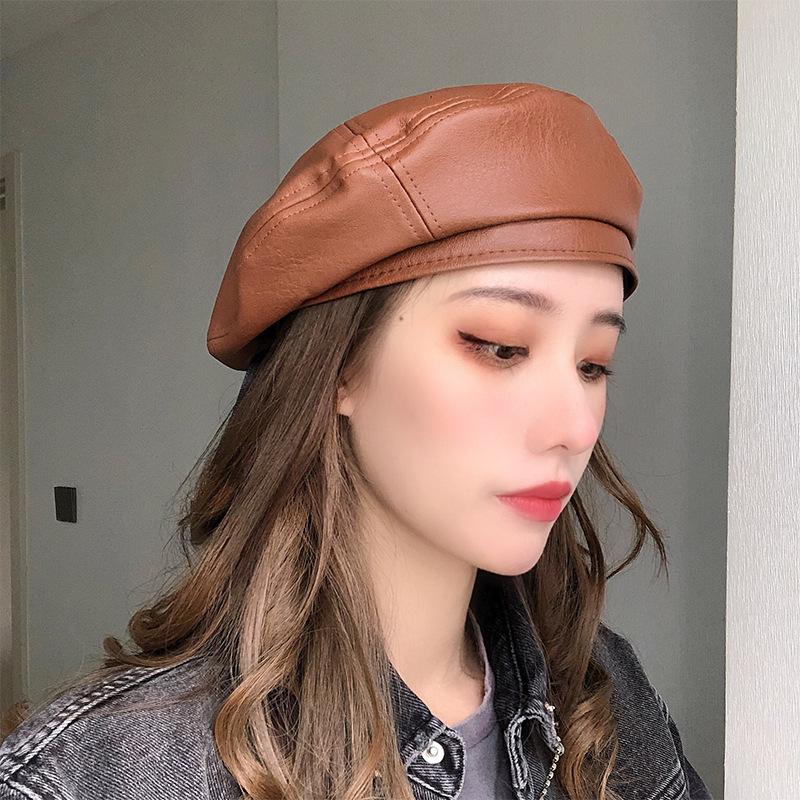 Hat female trendy versatile retro PU leather Internet celebrity beret octagonal autumn and winter British painter hat men