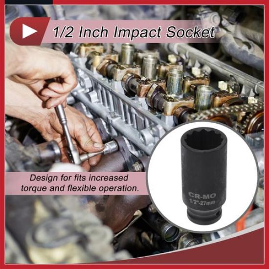 Universal 1/2 Inch Drive Impact Socket 27mm 12 Point High Carbon Steel 1 Pc