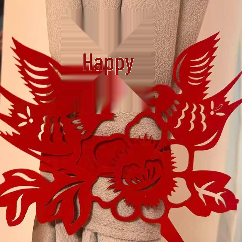 Wedding Double Happiness Flocking Curtains Tiebacks Set - Groom's & Bride's Side Decor for Living Room, Bedroom, or New House