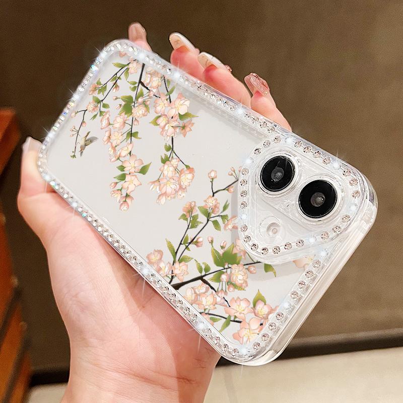 Flower Pattern Clear Soft Silicone Case For iPhone 16E 16 Pro Max 15 Pro 14 13 12 11 Diamond Frame Shockproof Transparent Phone Cover