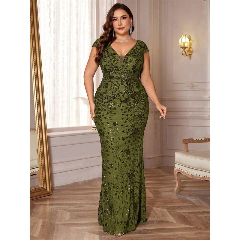 European and American Plus-Size New Sequined Evening Dress for Women, Sexy and Elegant Fitted Mermaid Gown, Long Style for Toasting