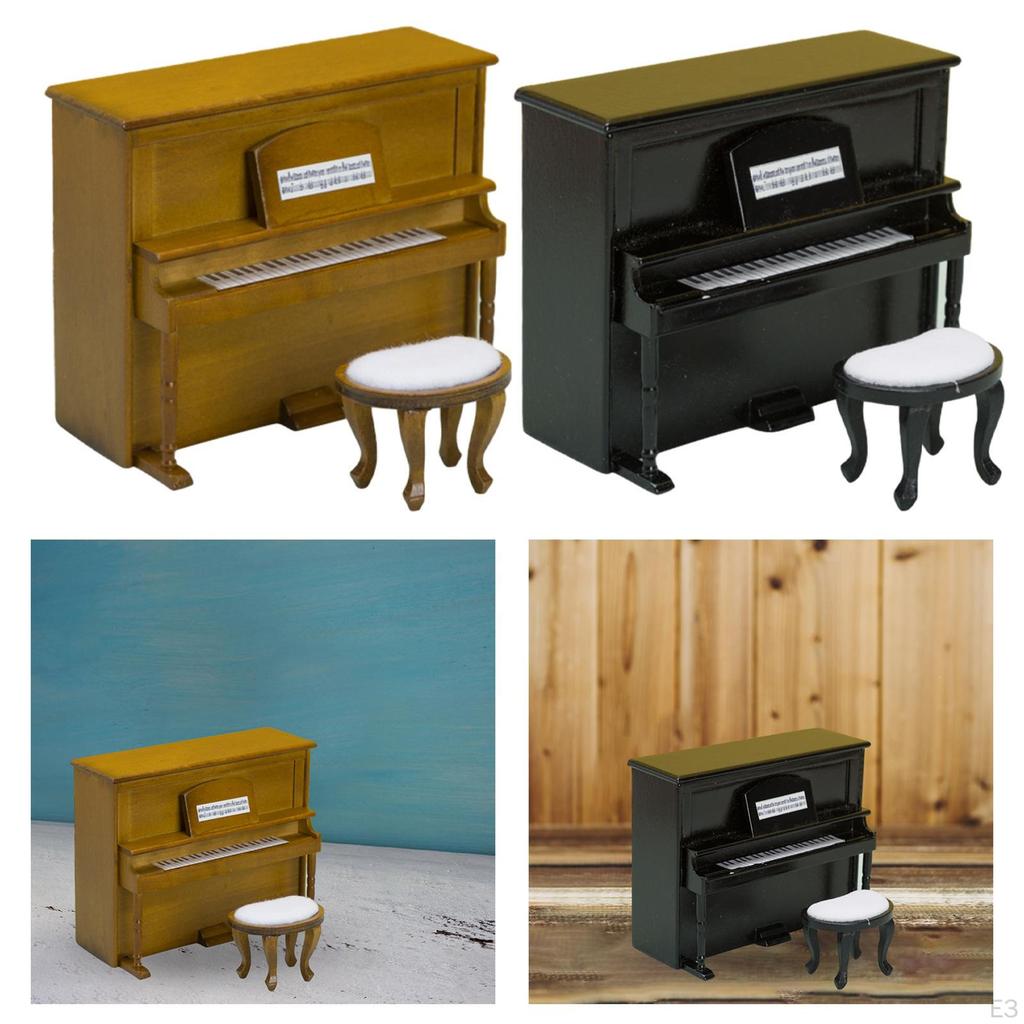 Miniature Upright Piano Set with Stool for Dollhouse Decor
