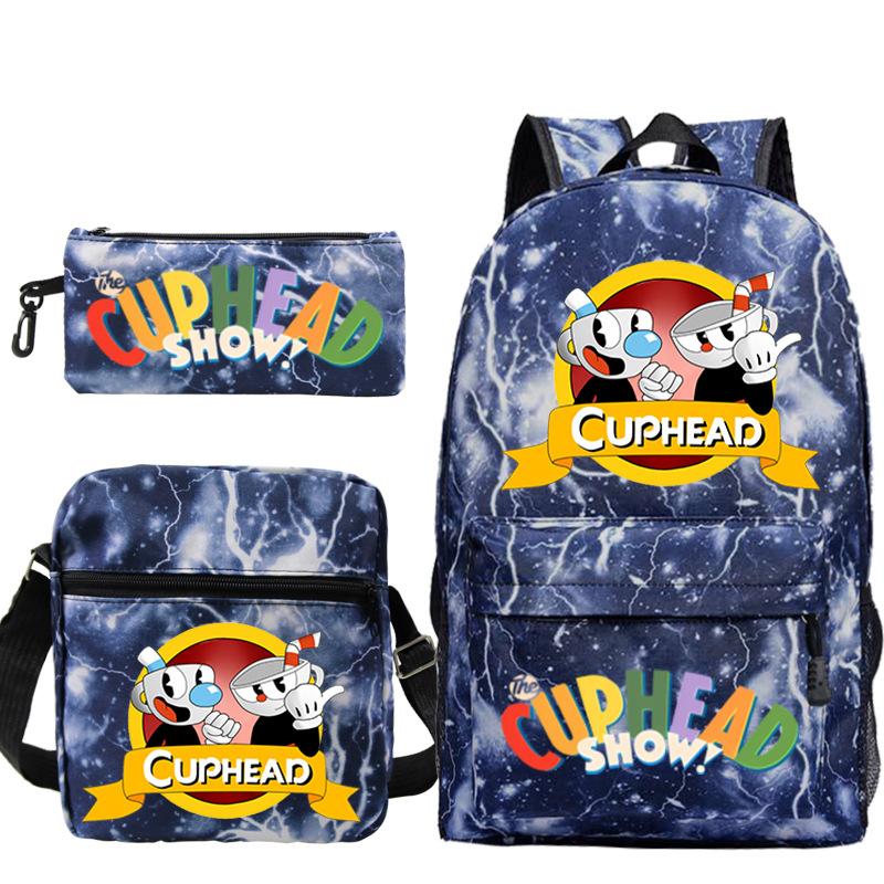 Cartoon Teacup Head Cuphead Student School Bag Backpack Three-piece Set Children's Shoulder Bag Pencil Bag