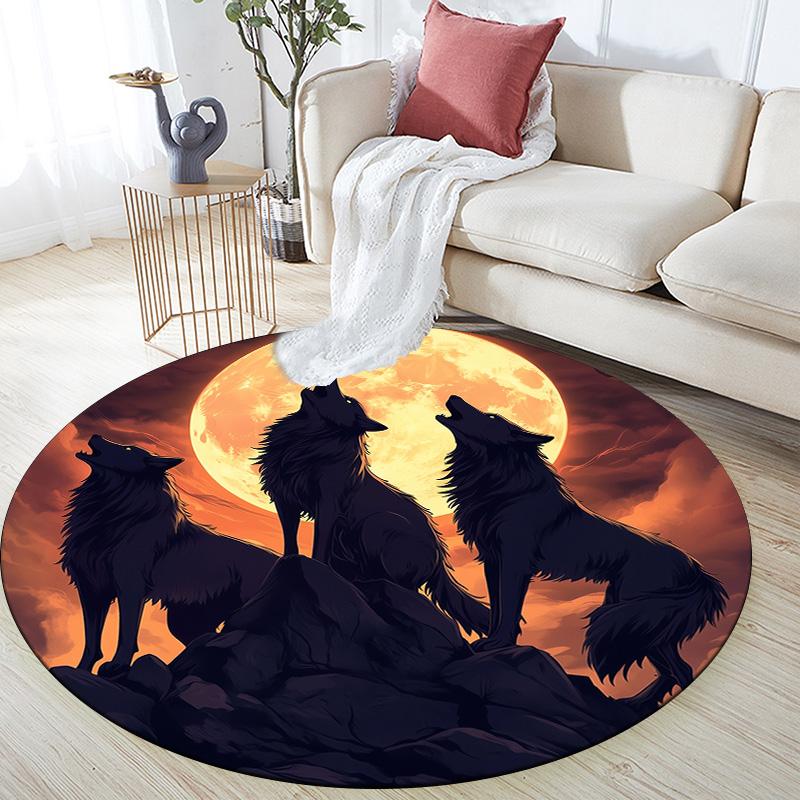 Moon Wolf,Round Area Rug,Carpet Rug for Living Room Bedroom Sofa Playroom Decor,Non-slip Floor Mat
