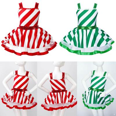 Kids Girls Christmas Dance Cosplay Costumes Shiny Sequins Striped Dress Figure Ice Skating Roller Skating