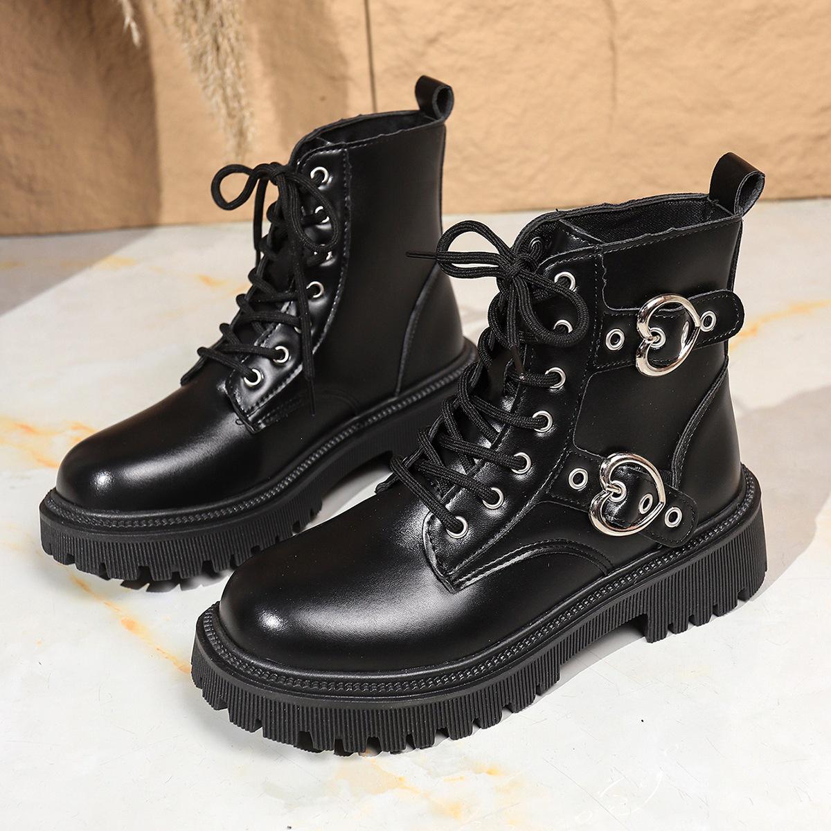 Women s 2025 Fashion Boots: Korean Style, Thick Sole, Buckle Lace-up Martin Boots with Hidden Heel. 38 чёрный